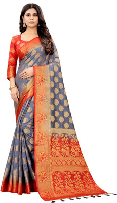 Perfect Wear Woven Banarasi Cotton Silk Saree(Grey)