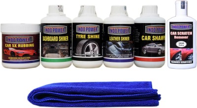 INDOPOWER TOP NEW318-CAR 5X RUBBING POLISH 250ml+ DASHBOARD SHINER 250ml+ TYRE SHINER 250ml+ LEATHER SHINER 250ml+CAR SHAMPOO 250ml+ scratch remover 200gm . car microfiber cloth Blue. TOP320 Vehicle Interior Cleaner(1450 ml)