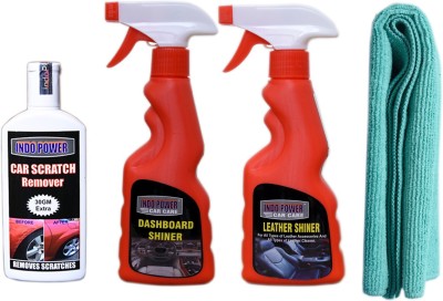 INDOPOWER LEATHER SHINER SPRAY 250ml+DASHBOARD SHINER SPRAY 250ml+1PC CAR MICROFIBER CLOTH GREEN + scratch remover 100gm. COL234 Vehicle Interior Cleaner(600 g)