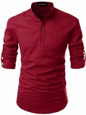 DEELMO Men Self Design Casual Red Shirt