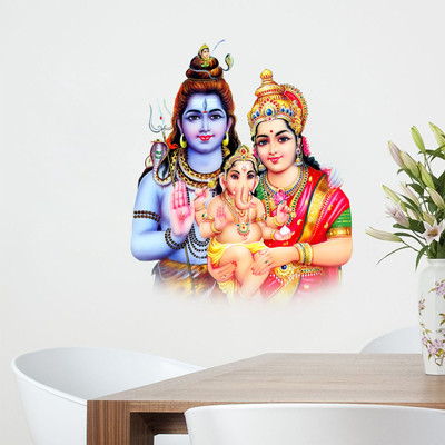 wildartcreation 55 cm lord shiv parvati with ganesha Wall Sticker Picture 395 Self Adhesive Sticker(Pack of 1)