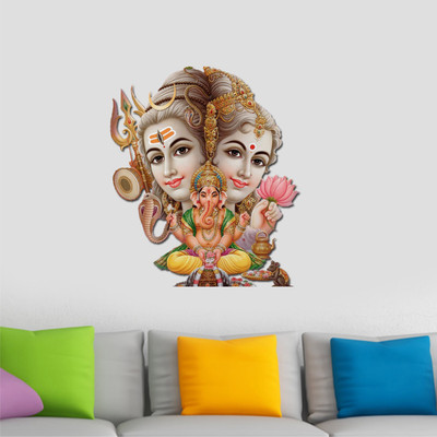 Divine studio 50 cm lord shiv parvati with ganesha Wall Sticker Picture 453 Self Adhesive Sticker(Pack of 1)