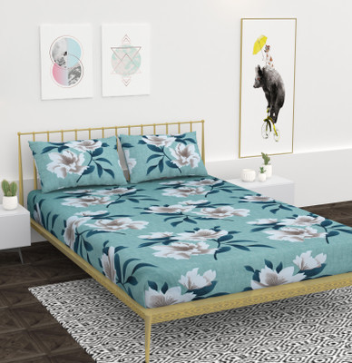AVISARDO Microfiber Double Fitted (Elastic) 240 TC Floral Bedsheet(Pack of 1, Green)