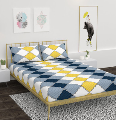 AVISARDO 180 TC Microfiber Double Printed Fitted (Elastic) Bedsheet(Pack of 1, White Blue)