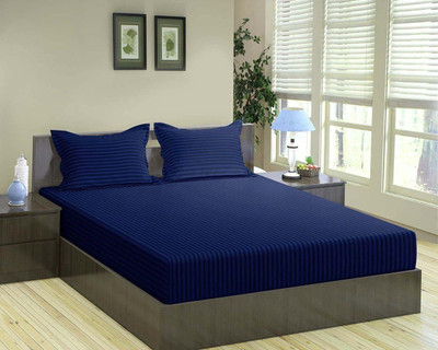 Essensa Furnishings 210 TC Polycotton Queen Striped Fitted (Elastic) Bedsheet(Pack of 1, Blue)