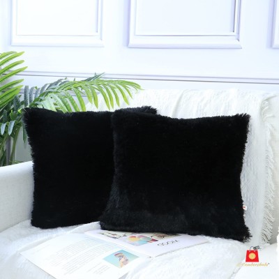 Wondershala Fur, Faux Silk, Microfiber Cushions Cover(Pack of 2, 40 cm*40 cm, Black)