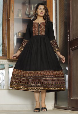 dixita enterpries Women Printed A-line Kurta(Gold, Black)