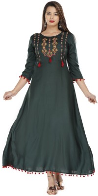 Bulbul creation Women Embroidered A-line Kurta(Green)