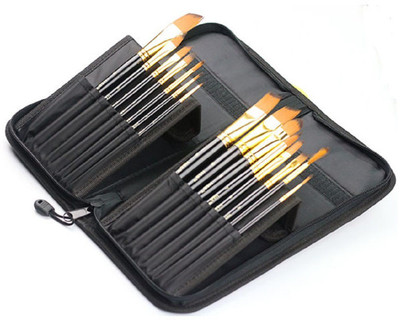 Dstone High Quality Long Hair Wooden Round Paint Artist Brush +carry beg(Set of 12, Black)