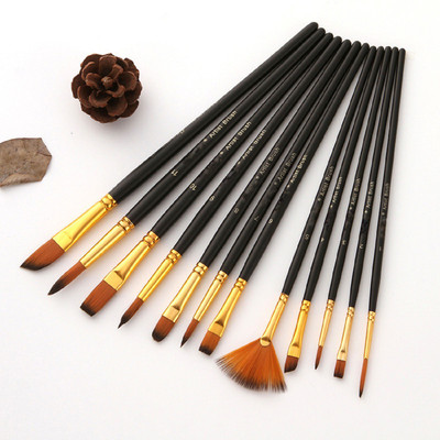 Dstone High Quality Nylon Hair Wood Handle Paint Brush Acrylic Watercolor Oil(Set of 12, Black)