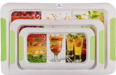 Heart Home Strawberry Printed Multi-Purpose Non Slip Plastic Serving Tray, Set of 3 (Green) Tray(Pack of 3)