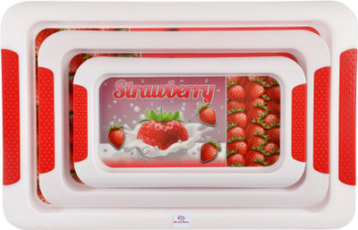Heart Home Strawberry Printed Multi-Purpose Non Slip Plastic Serving Tray, Set of 3 (Red) Tray(Pack of 3)