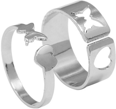 Sorellaz Womens Silver Heart Flower Adjustable Open Ring: Pack of 2 Alloy Ring Set