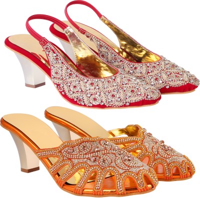 Zionk Women Heels(Gold, Red, Orange , 5)