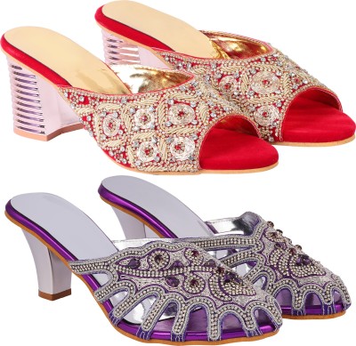 Zionk Women Heels(Purple, Red , 8)