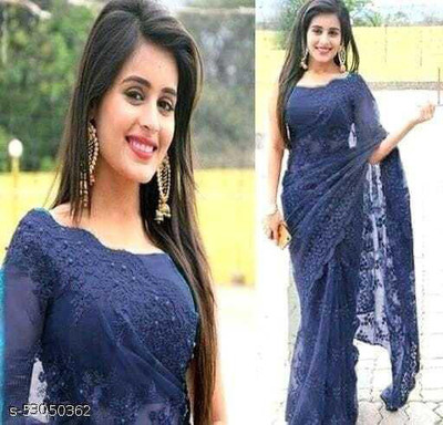 MAULIKR Printed Bollywood Net Saree(Blue)