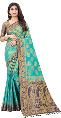 INDI FASHION Woven Banarasi Cotton Silk Saree(Green)