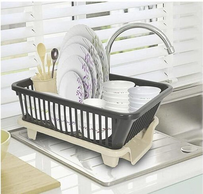 MECHON Utensil Kitchen Rack Plastic 3 in 1 Large Sink Set Dish Rack Drainer with Tray for Kitchen (Black)
