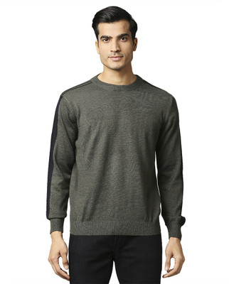 Raymond Self Design Round Neck Casual Men Grey Sweater