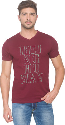 BEING HUMAN Solid Men V Neck Red T-Shirt