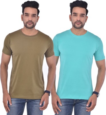 QuaClo Solid Men Round Neck Brown, Light Blue T-Shirt