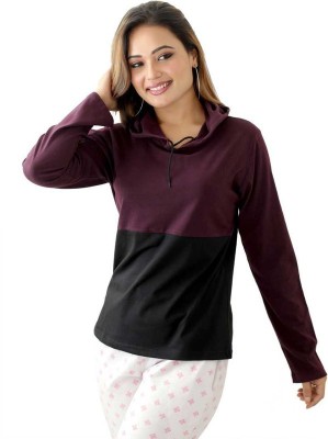 RYTE STYLE Colorblock Women Hooded Neck Purple, Black T-Shirt