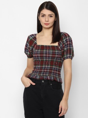 American Eagle Outfitters Casual Checkered Women Red Top