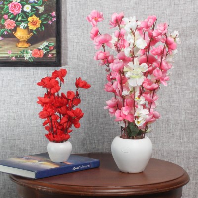 Flipkart Perfect Homes Artificial Flower For Home, Office Décor Flower Specially Decor For Bed Room Pink, Red Cherry Blossom Artificial Flower  with Pot(17 inch, Pack of 2, Flower with Basket)