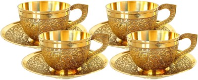 IndianArtVilla Pack of 4 Brass Embossed Cup-Plate Set in Royal Look for Home and Restaurant(Gold, Cup and Saucer Set)