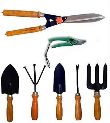 IBEX Wooden Garden Tool Set of 5 With Pruner & Hedge Shear Garden Tool Kit(7 Tools)
