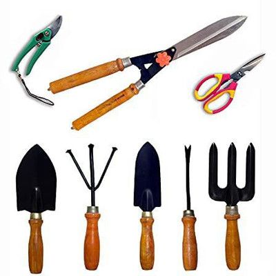 IBEX Wooden Garden Tool Set of 5 With Hedge Shear, Pruner & Scissor Garden Tool Kit(8 Tools)