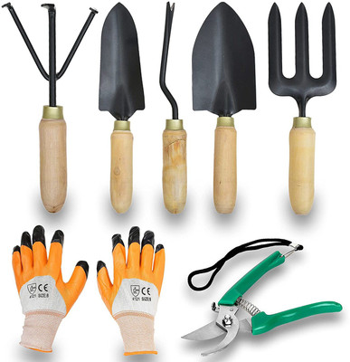 IBEX Wooden Garden Tool Set of 5 With Pruner & Gloves Garden Tool Kit(7 Tools)