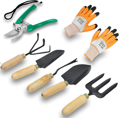 IBEX Pack of 7 Gardening Tool Set with Wooden Handle Garden Tool Kit(7 Tools)