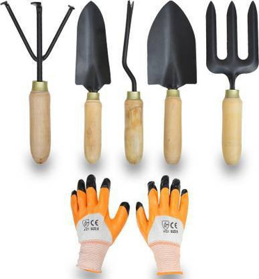 JetFire Wooden Handle Gardening Trowel Set of 5 With Garden Gloves Garden Tool Kit(6 Tools)