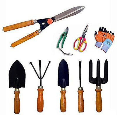 ERIN Wooden Garden Tool Set of 5 With Pruner, Scissor & Hedge Shear, Glove Garden Tool Kit(9 Tools)