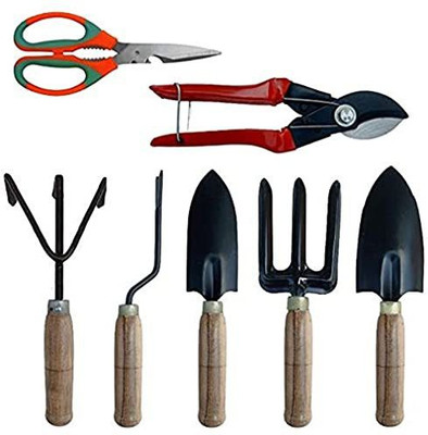 IBEX Wooden Garden Tool Set of 5 With Double Cut, Scissor Garden Tool Kit(7 Tools)