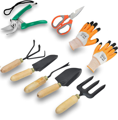 IBEX Wooden Garden Tool Set of 5 With Pruner, Scissor & Gloves Garden Tool Kit(8 Tools)