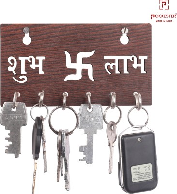 POCKESTER Shubh Labh Modern Design Multipurpose Wood Key Holder(6 Hooks, Brown)