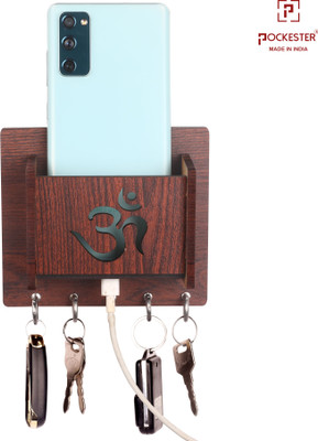 POCKESTER Wood Key Holder(5 Hooks, Brown)