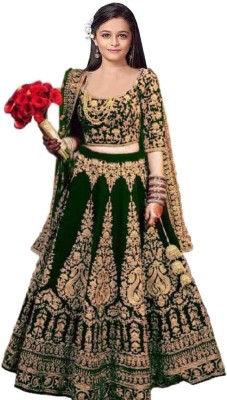 KV Fashion Girls Lehenga Choli Ethnic Wear Embroidered Lehenga, Choli and Dupatta Set(Green, Pack of 1)