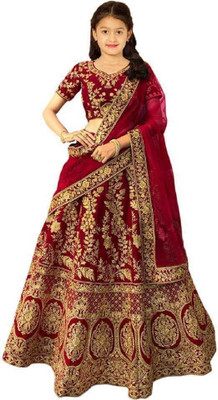 Indian Tulip Girls Lehenga Choli Ethnic Wear Embroidered Lehenga, Choli and Dupatta Set(Maroon, Pack of 1)