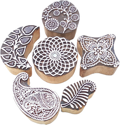 Reniq Art Wood Block Stamps, Artistic Shapes Craft Kids Saree Border DIY Printing Blocks Printing Blocks(Pack of 6)