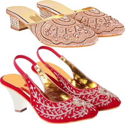 Zionk Women Heels(Gold, Red, Maroon , 7)