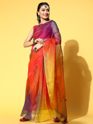 Kimisha Solid/Plain Bollywood Organza Saree(Multicolor)