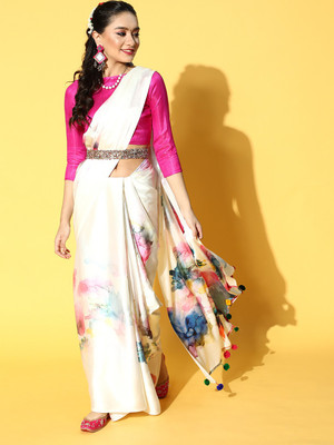 Blissta Striped Bollywood Satin Saree(Cream)