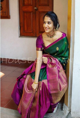 Divastri Woven Kanjivaram Pure Silk, Art Silk Saree(Green, Pink)