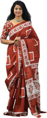 NIKHILAM Printed Handloom Pure Cotton Saree(Maroon)