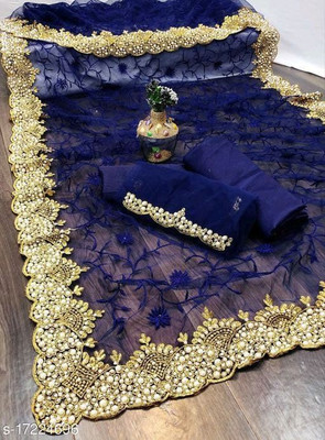 GRIVENTOM CREATION Embroidered Bollywood Net Saree(Blue)
