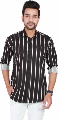 SK Fashion Men Striped Casual White, Black Shirt