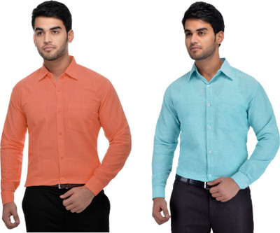 DESHBANDHU KHADI Men Solid Formal Blue, Orange Shirt(Pack of 2)